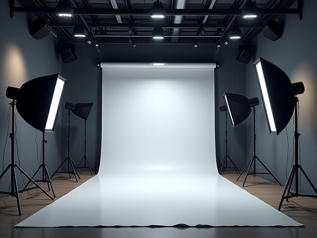 A wide shot of a professional photography studio with lighting equipment set up.