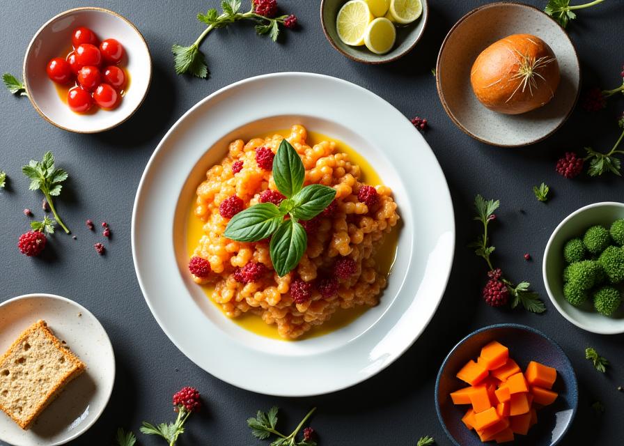A delicious-looking flat lay of a gourmet meal.