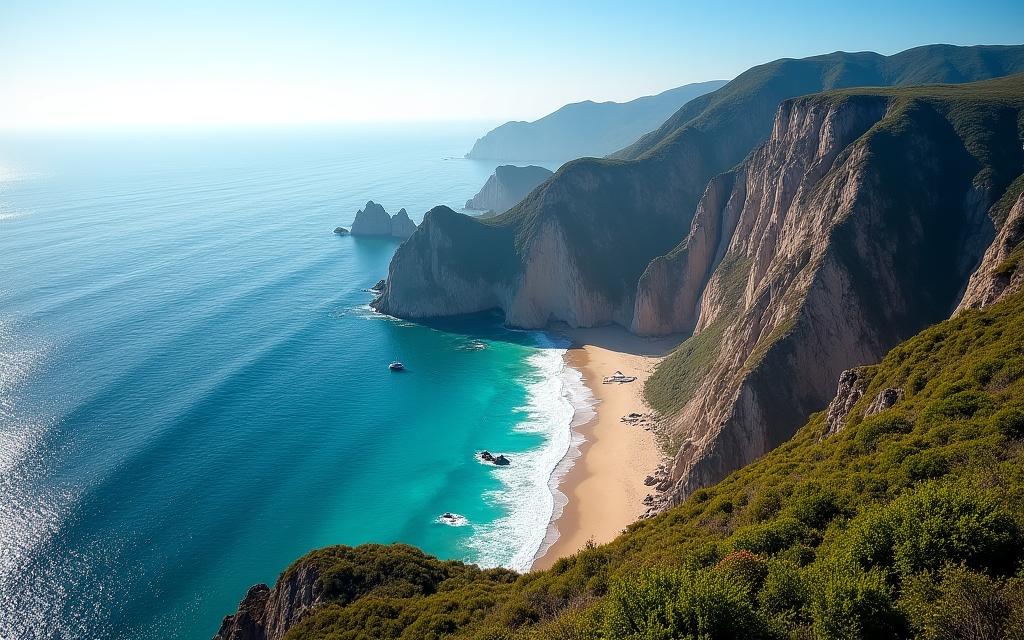 A sweeping aerial landscape view of a coastline.