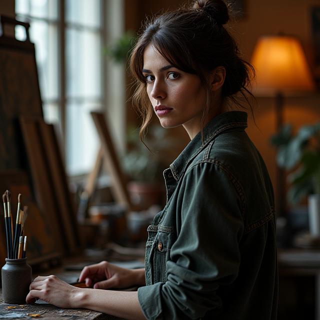 A moody, artistic portrait of a painter in their studio.