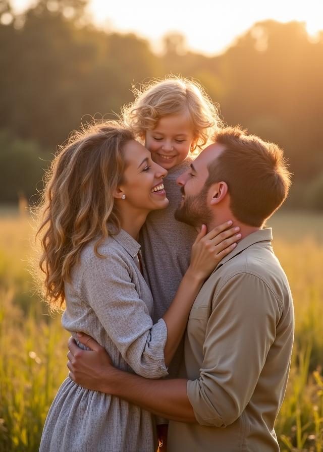 A warm, lifestyle family portrait taken outdoors.
