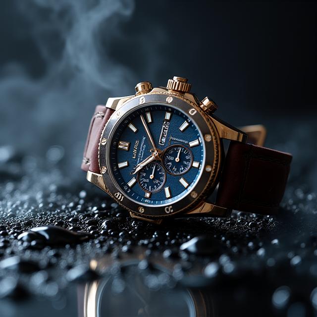 A styled product shot of a luxury watch on a dark, textured surface.