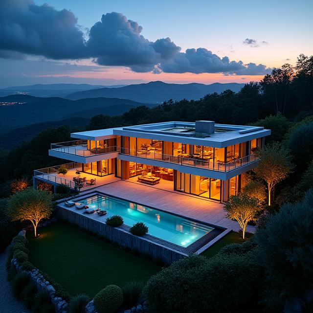 An aerial drone shot of a modern luxury home at twilight.