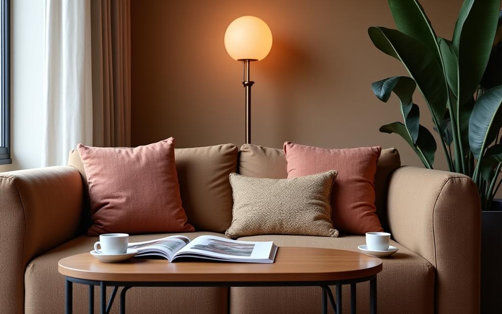 The comfortable client lounge area with a sofa and coffee table.