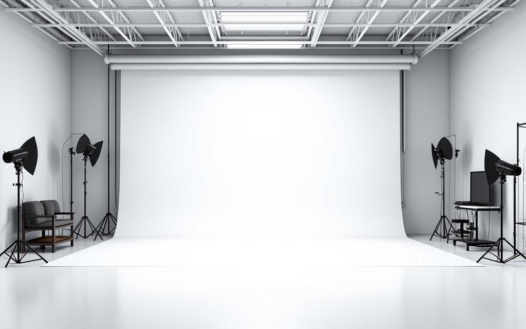 A wide angle view of the entire studio space showing the cyclorama wall and ceiling grid.