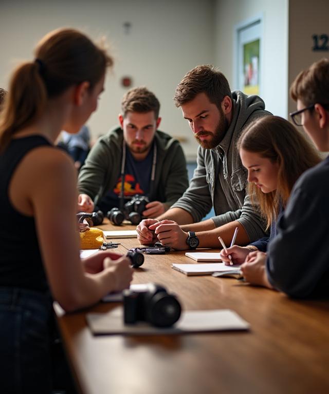 A group of students learning from an instructor in a photography workshop.
